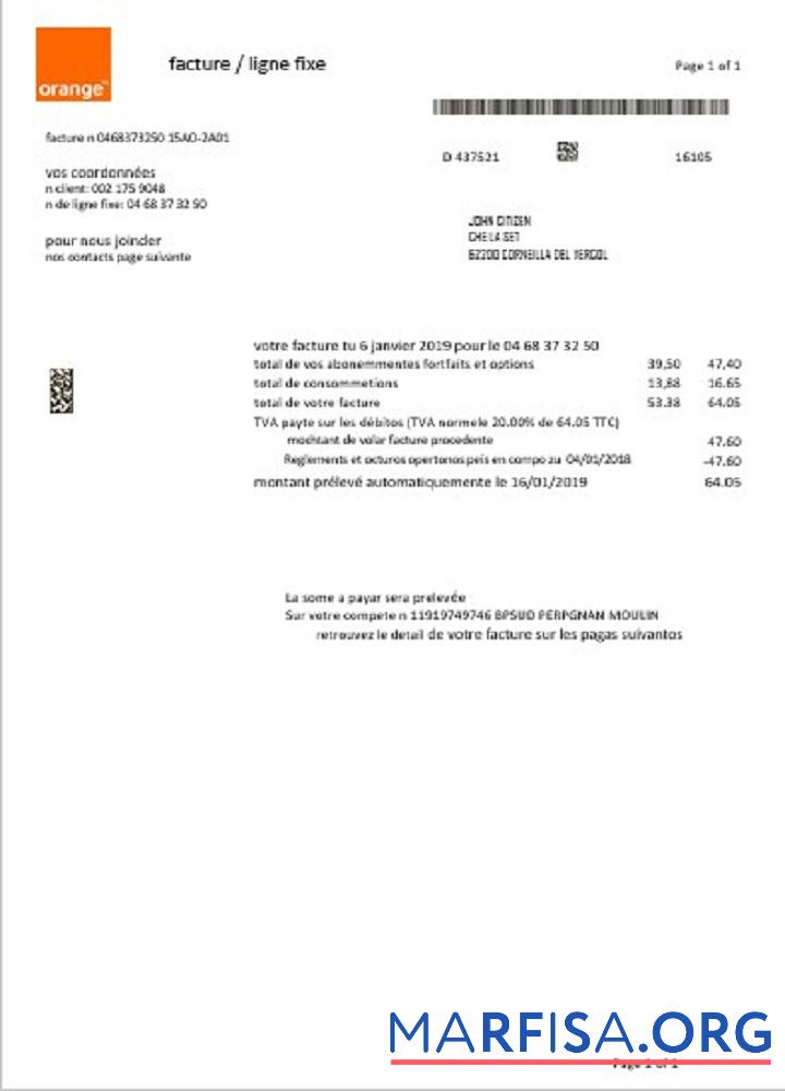 Printable France Orange utility bill download for verification